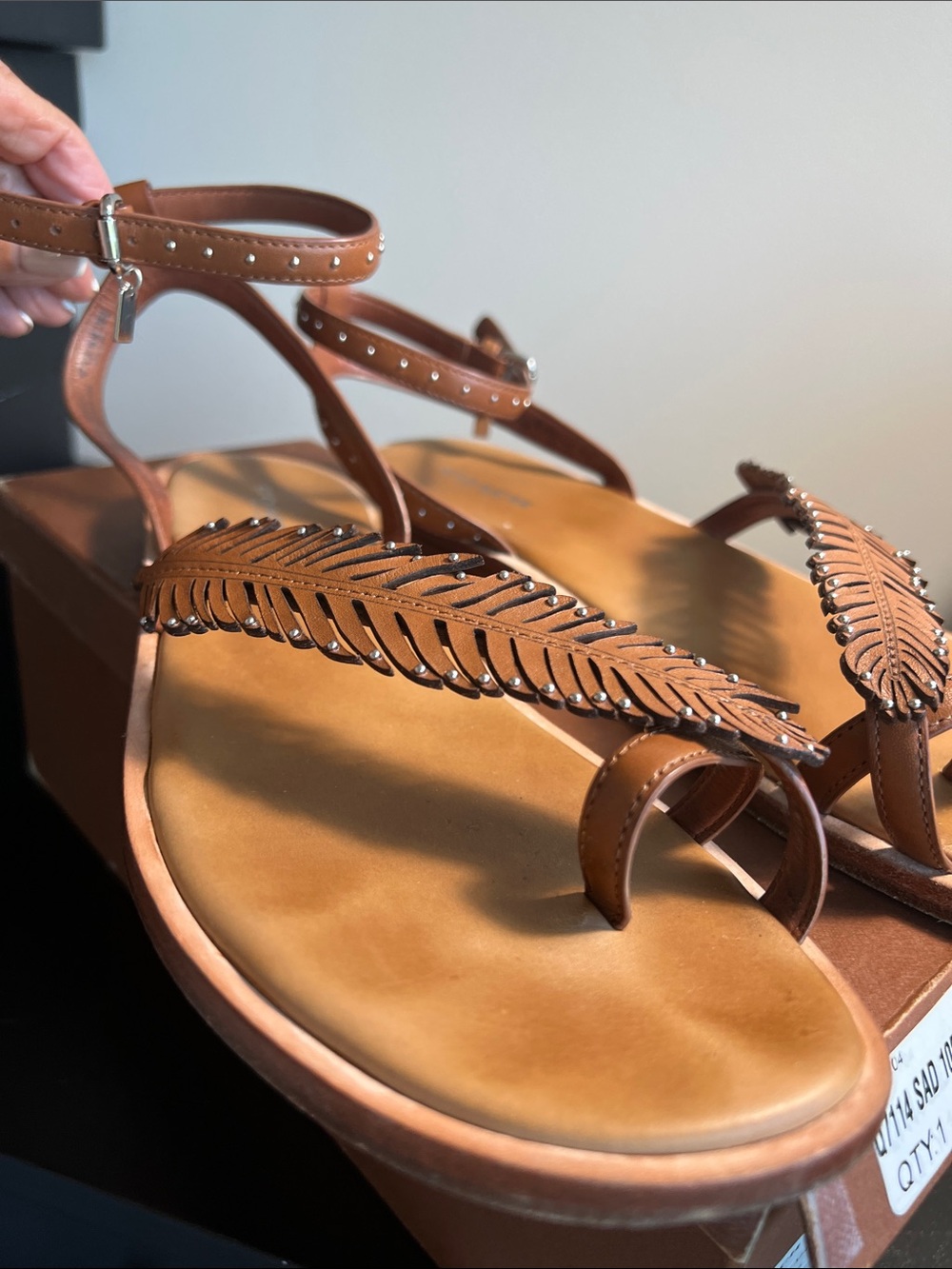 Coach Brown Leather Feather-Trim Ankle Strap Sandals